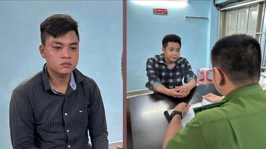 Trắng (bên trái) và Trong tại cơ quan điều tra. Ảnh: CA Thủ đoạn lừa ‘xe bị cháy’ của 2 anh em Trong và Trắng