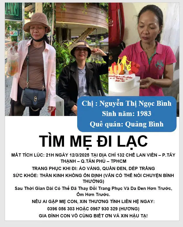 Thông báo Hương đăng trên mạng xã hội để tìm mẹ. Ảnh: HT co-gai-18-tuoi-lang-le-di-khap-noi-tim-me-mat-tich-o-tp-hcm-2.jpg