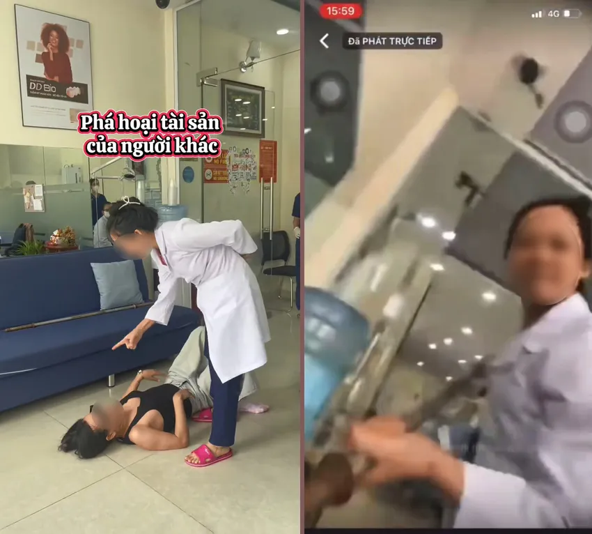 Bà C dùng cây gậy sắt đe dọa và giật điện thoại của chị T ném xuống nền gạch. Ảnh cắt từ clip Vụ bác sĩ nha khoa hành hung khách: 2 nạn nhân mong được xin lỗi