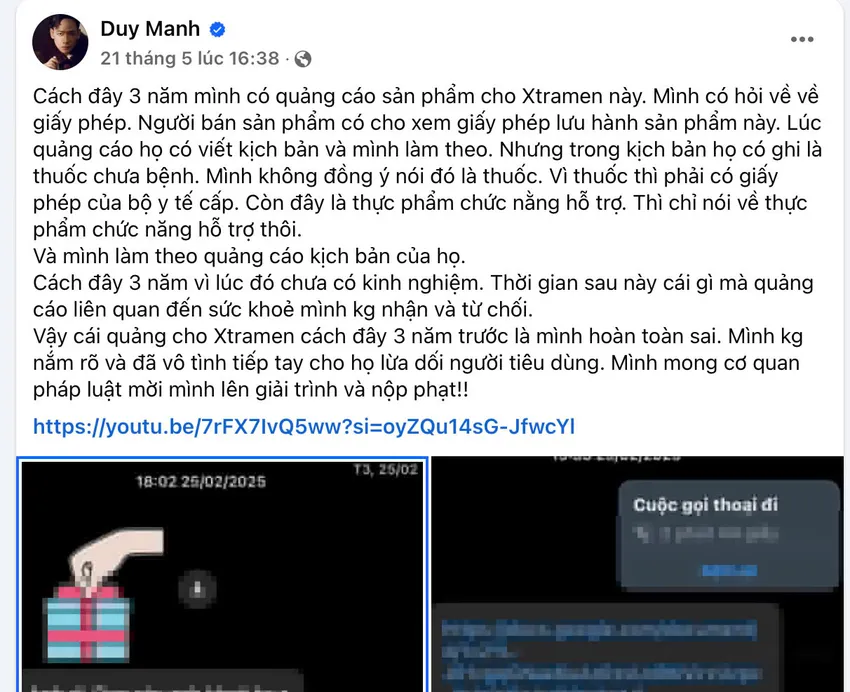 Bài đăng trên trang Facebook cá nhân của ca sĩ Duy Mạnh. Ảnh chụp màn hình Ca sĩ Duy Mạnh