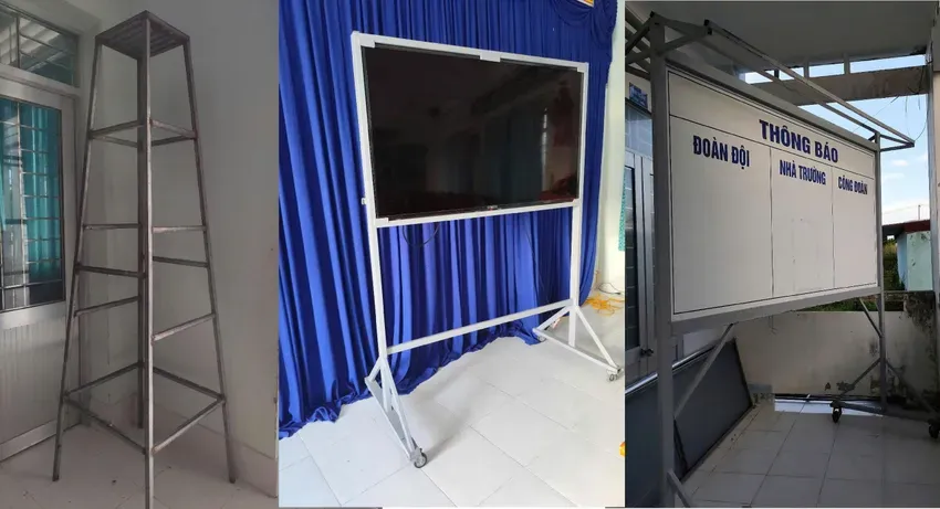 Một số vật dụng, thiết bị mà thầy Tâm và một giáo viên khác tự tay làm đang được sử dụng trong trường. Ảnh: TV hieu-truong-ca-mau.png