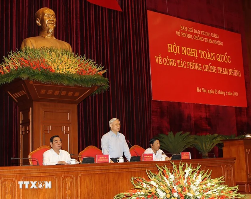 Tổng Bí thư Nguyễn Phú Trọng phát biểu khai mạc Hội nghị toàn quốc về phòng, chống tham nhũng (tháng 5-5-2014). Ảnh: TTXVN tu-tuong-toan-dien-cua-tong-bi-thu-nguyen-phu-trong-trong-phong-chong-tham-nhung-tieu-cuc-1.jpg
