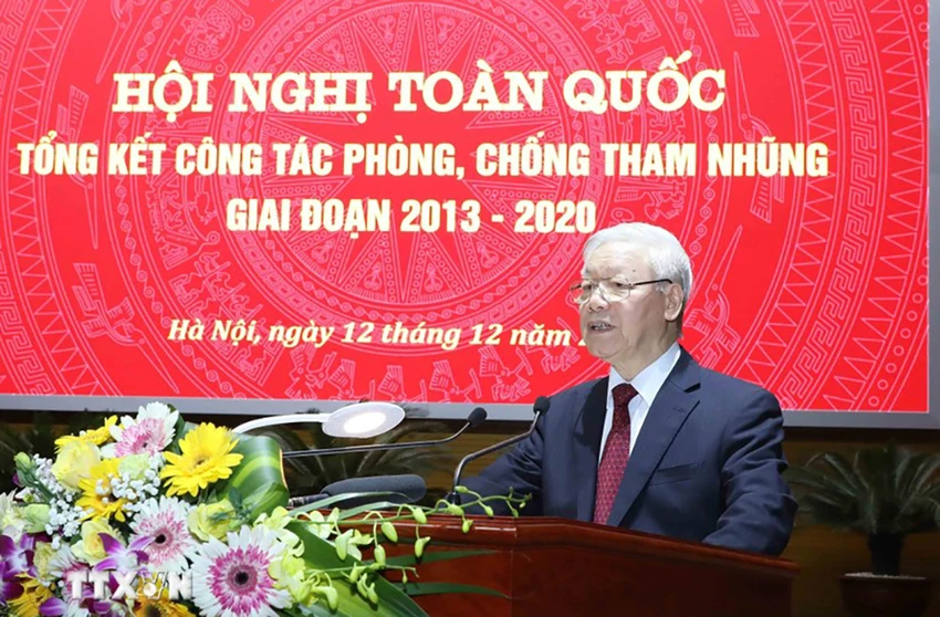 Tổng Bí thư, Chủ tịch nước Nguyễn Phú Trọng phát biểu tại Hội nghị toàn quốc tổng kết công tác phòng, chống tham nhũng giai đoạn 2013-2020 (Hà Nội, 12-12-2020). Ảnh: TTXVN tu-tuong-toan-dien-cua-tong-bi-thu-nguyen-phu-trong-trong-phong-chong-tham-nhung-tieu-cuc-6.jpg