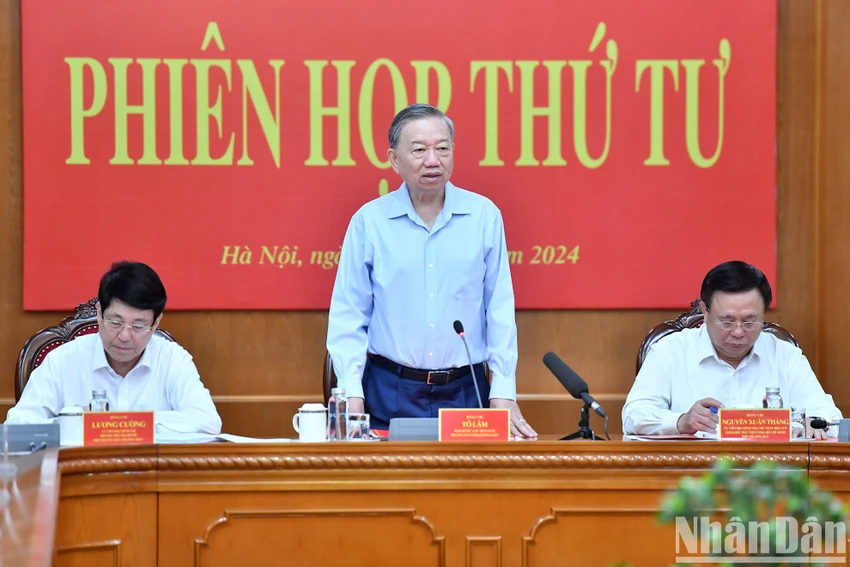 Tổng Bí thư, Chủ tịch nước Tô Lâm phát biểu kết luận phiên họp. Ảnh: BÁO NHÂN DÂN tong-bi-thu-chu-tich-nuoc-to-lam-hoan-thien-tong-ket-40-nam-doi-moi-de-trinh-bo-chinh-tri-va-trung-uong-10-1.jpg
