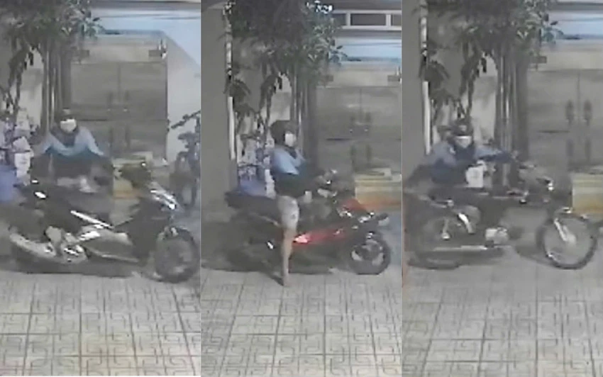 Hình ảnh trích xuất camera 3 xe máy bị trộm. Kẻ trộm dùng khò lửa bẻ khoá cổng, lấy cùng lúc 3 xe máy