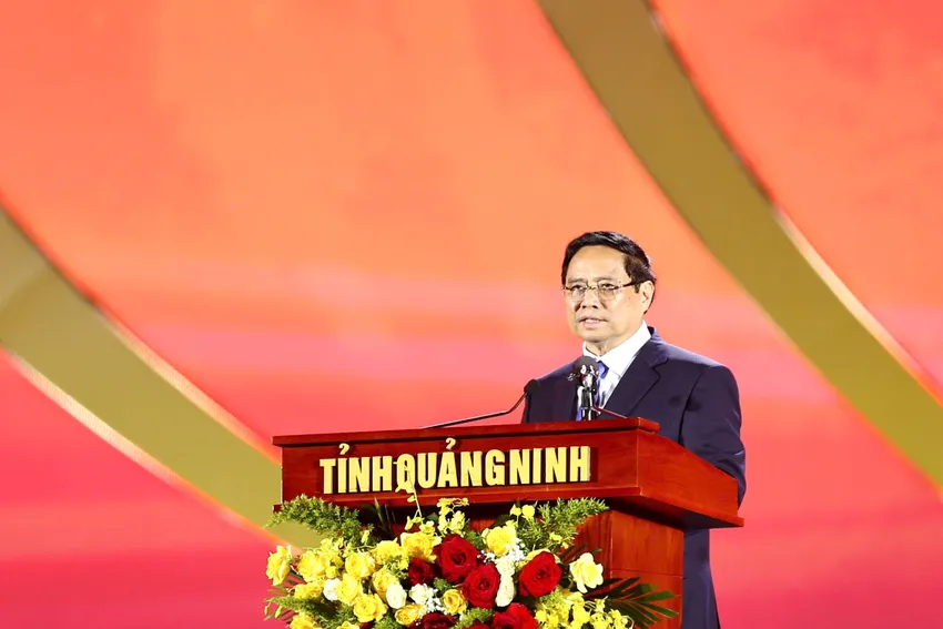 Thủ tướng Phạm Minh Chính phát biểu tại chương trình công bố giá trị nổi bật toàn cầu Quần thể di tích và danh thắng Yên Tử - Vĩnh Nghiêm - Côn Sơn, Kiếp Bạc được UNESCO ghi danh là Di sản văn hóa Thế giới. Ảnh: TT