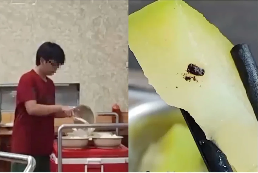 Các sinh viên được yêu cầu thu gom cơm thừa, nhiều lần phát hiện thức ăn có dị vật. ẢNH: VTV24 Thức ăn thừa