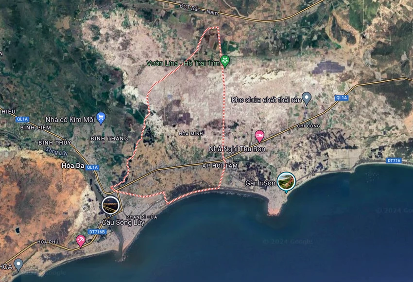 Khu vực có khoáng sản cát trắng nhìn từ bản đồ Google Map. khoáng sản cát trắng
