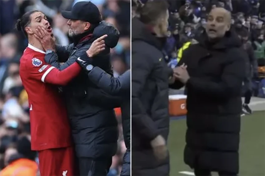 Pep Guardiola và Nunez tranh cãi nảy lửa khiến Klopp phải can ngăn cậu học trò. ẢNH: DAILY STAR man-city-liverpool-pep-guardiola-nunez-klopp.png