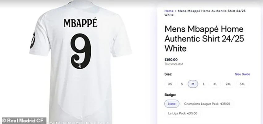 Chiếc áo số 9 của Mbappe tại Real Madrid có giá 160 bảng Anh. ẢNH: GETTY real-madrid-kylian-mbappe.jpg