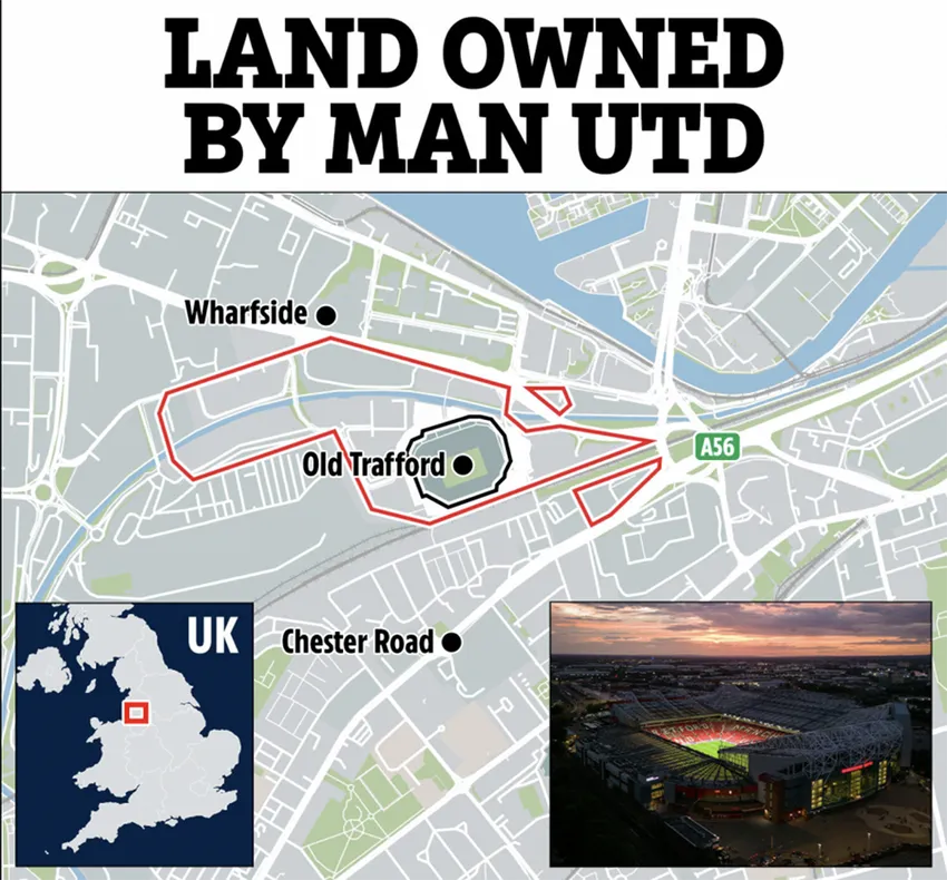 Bản đồ hiện thị khoảnh đất 100 mẫu Anh thuộc sở hữu của Manchester United. ẢNH: SUN SPORTS man-utd.png