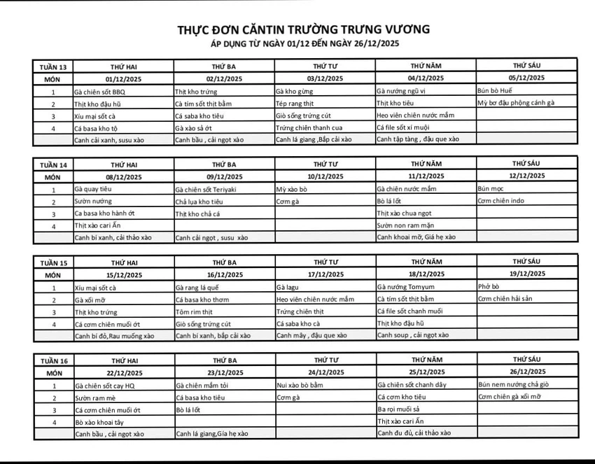 Thực đơn bữa ăn bán trú trong tháng 12 của học sinh Trường THPT Trưng Vương. Ảnh: NTCC 6aad7f7cf97676282f67.jpg