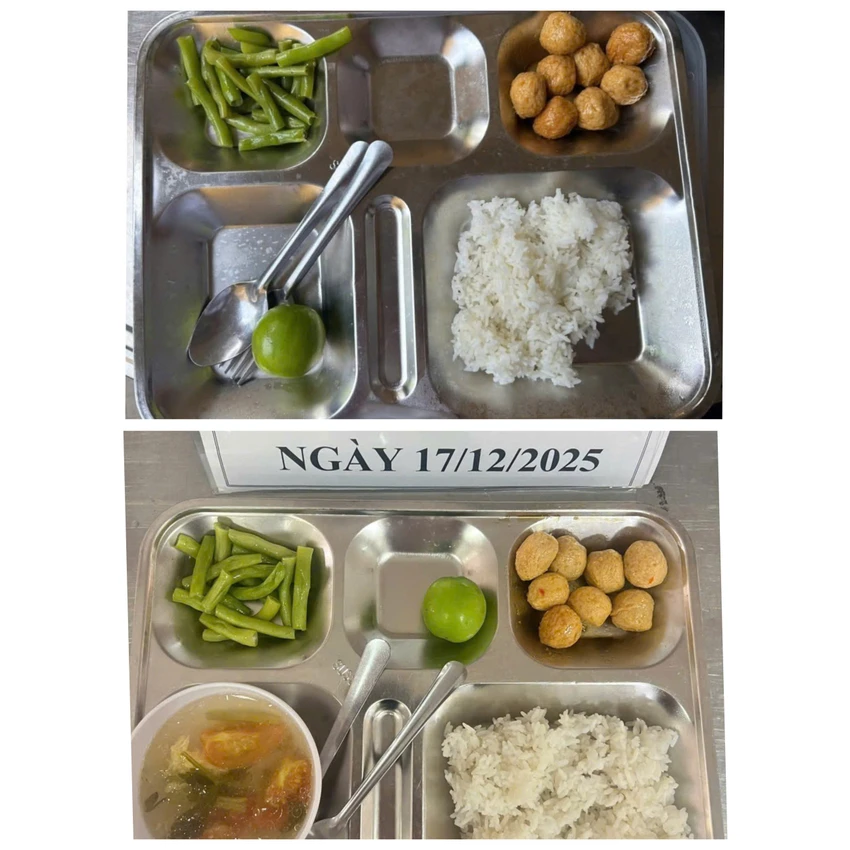 Suất ăn bán trú đầy đủ của Trường THPT Trưng Vương ngày hôm nay. Ảnh: NTCC truong-thpt-trung-vuong-1.jpg