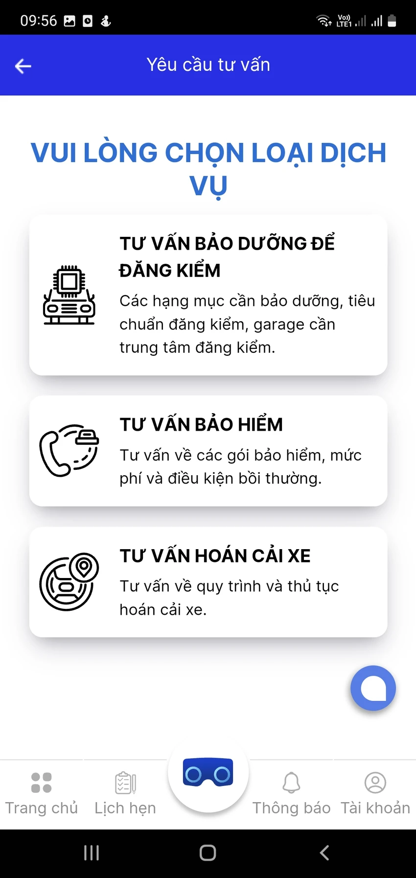 Chủ xe cũng có thể lựa chọn các dịch vụ cần tư vấn trên app TTDK. (Ảnh chụp màn hình) Chủ xe cũng có thể lựa chọn các dịch vụ cần tư vấn trên app TTDK.