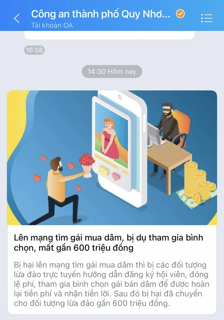 Công an TP Quy Nhơn đăng tải vụ lừa đảo để cảnh báo cho người dân. Ảnh:TD công an.jpg