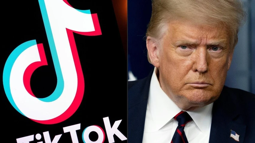 Tổng thống Mỹ Donald Trump và logo ứng dụng TikTok. Ảnh: AFP Số phận TikTok giữa cuộc chiến thuế Mỹ-Trung