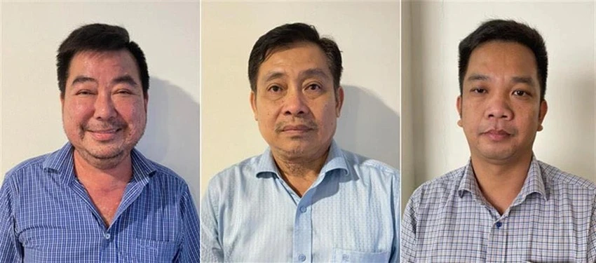 Bị can Lê Quang Bình (ngoài cùng bên trái) và một số bị can khác trong vụ án. Ảnh: BCA Công ty Trung Hậu 68
