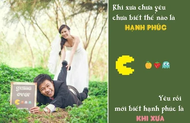 Phúc - Trang cho hay, kỷ niệm đáng nhớ nhất là khichụp ở đồng ruộng lúa - "Bờ ruộng thì nhỏ, lại không bằng phẳng, bọn mình cứ chạy tới chạy lui, tụt hố không biết bao nhiêu lần. Cô dâu chú rể về nhà y như là bị chó rượt té ruộng, quần áo toàn bùn là bùn". Nhập mô tả cho ảnh