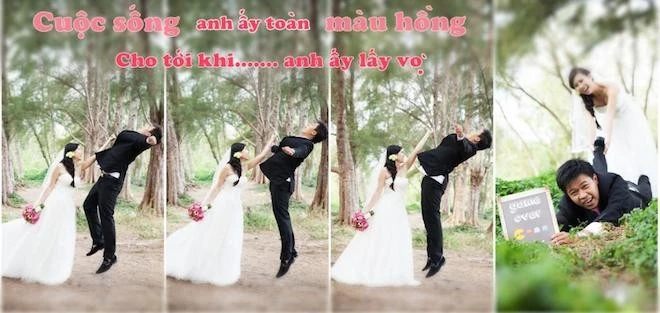 "Ban đầu cũng sợ gia đình, ba mẹ la, tại từ trước đến giờ trông bọn mình khá nghiêm túc, pha trò thế này người lớn dễ không thích. Nhưng cả đời có một lần nên đánh liều làm cho thật đáng nhớ. Ai ngờ mọi người không la mà chuyển sang thích thú theo" - cặp đôi chia sẻ. Nhập mô tả cho ảnh