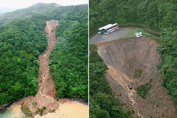 Hai xe buýt suýt rơi xuống vực vì trận lở đất lớn ở Nhật Bản ảnh 1 Hai xe buýt suýt rơi xuống vực vì trận lở đất lớn ở Nhật Bản ảnh 1