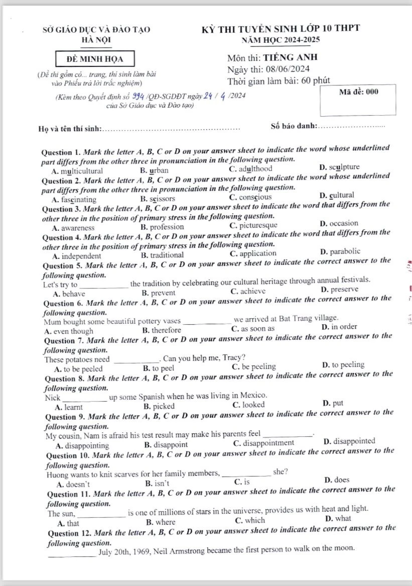 kỳ thi vào lớp 10 Hà Nội đề minh họa môn tiếng anh.jpg