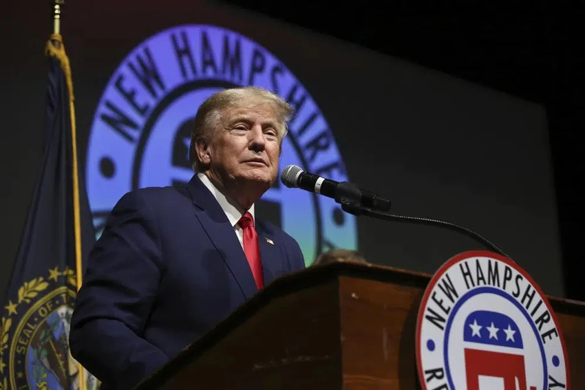 Cựu Tổng thống Mỹ Donald Trump phát biểu tại sự kiện vận động tranh cử tổng thống Mỹ ở bang New Hampshire. Ảnh: Alex Brandon/AP
