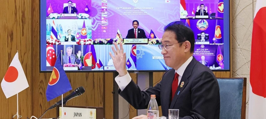 Thủ tướng Nhật Fumio Kishida tham dự Hội nghị cấp cao Đông Á (EAS) cùng với các lãnh đạo ASEAN vào năm 2021. Ảnh: VĂN PHÒNG THỦ TƯỚNG NHẬT Thủ tướng Nhật Fumio Kishida tham dự Hội nghị cấp cao Đông Á (EAS) cùng với các lãnh đạo ASEAN vào năm 2021. Ảnh: VĂN PHÒNG THỦ TƯỚNG NHẬT
