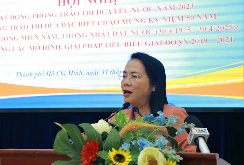 Chủ tịch Ủy ban MTTQ Việt Nam TP.HCM Trần Kim Yến phát động phong trào thi đua yêu nước năm 2023. Ảnh: VT Chủ tịch Ủy ban MTTQ Việt Nam TP.HCM Trần Kim Yến phát động phong trào thi đua yêu nước năm 2023. Ảnh: VT
