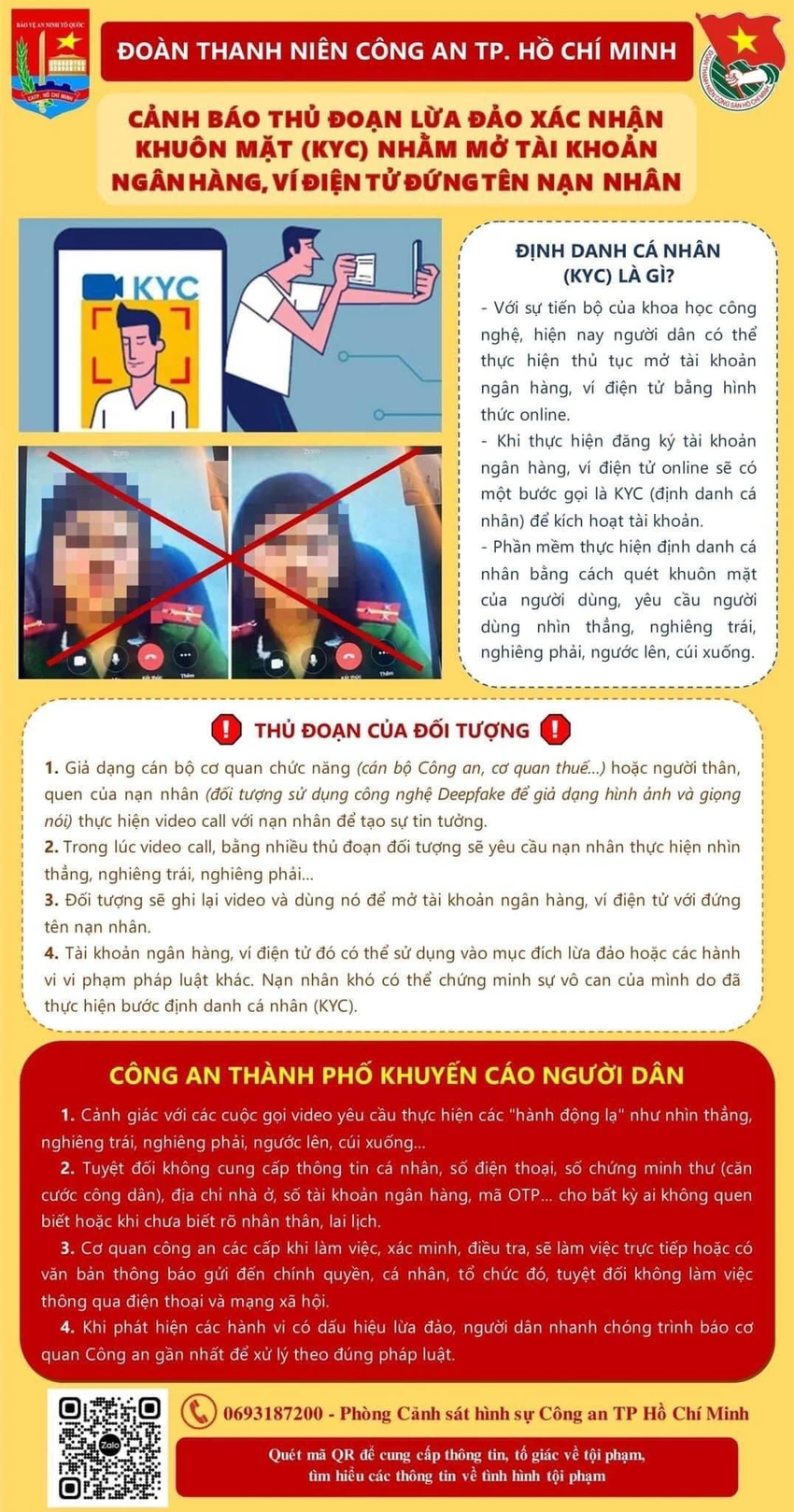 Đoàn Thanh niên Công an TP.HCM đã có cảnh báo để người dân cảnh giác với thủ đoạn lừa đảo mới bằng xác nhận khuôn mặt (KYC). Ảnh: Đoàn Thanh niên Công an TP.HCM Đoàn Thanh niên Công an TP.HCM đã có cảnh báo để người dân cảnh giác với thủ đoạn lừa đảo mới bằng xác nhận khuôn mặt (KYC). Ảnh: Đoàn Thanh niên Công an TP.HCM