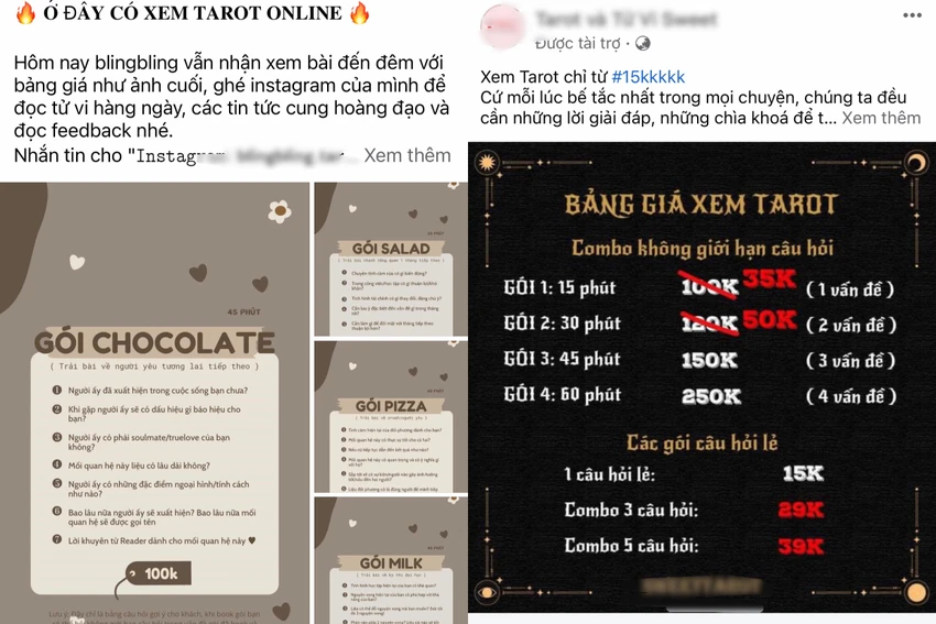 Các bảng giá xem bài Tarot được đăng công khai. Ảnh: MXH Các bảng giá xem bài Tarot được đăng công khai. Ảnh: MXH