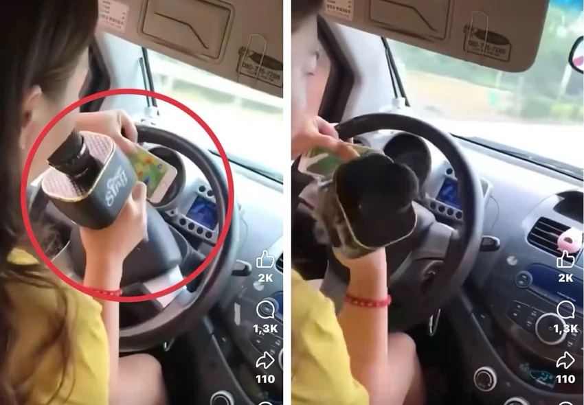 Người phụ nữ vừa ôm vô lăng lái xe vừa hát karaoke
