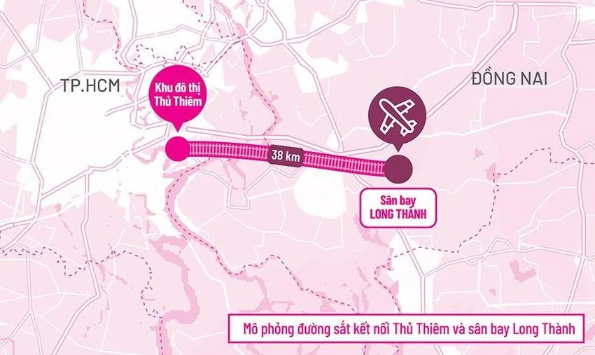 Đường sắt nhẹ Thủ Thiêm - Long Thành có điểm đầu tại ga Thủ Thiêm (TP Thủ Đức), điểm cuối là sân bay Long Thành (Đồng Nai). Đồ họa: TRÚC TRÚC. Đường sắt nhẹ Thủ Thiêm - Long Thành có điểm đầu tại ga Thủ Thiêm (TP Thủ Đức), điểm cuối là sân bay Long Thành (Đồng Nai). Đồ họa: TRÚC TRÚC.