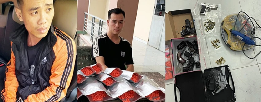 Hai kẻ cầm đầu đường dây ma túy Trần Duy Thắng và Ngô Mạnh Hoàng cùng tang vật và sáu khẩu súng với hơn 60 viên đạn bị công an bắt giữ. Hai kẻ cầm đầu đường dây ma túy Trần Duy Thắng và Ngô Mạnh Hoàng cùng tang vật và sáu khẩu súng với hơn 60 viên đạn bị công an bắt giữ.