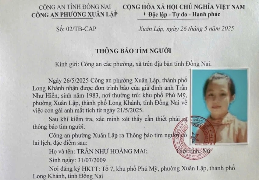 Công an địa phương thông báo tìm thiếu nữ 16 tuổi mất liệc lạc với gia đình hơn 1 tuần.