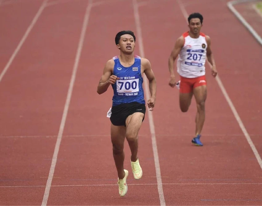 Puripol về nhất nội dung 200m môn điền kinh nam SEA Games 31 với thành tích 20"37. Ảnh: CTP Puripol về nhất nội dung 200m môn điền kinh nam SEA Games 31 với thành tích 20"37. Ảnh: CTP