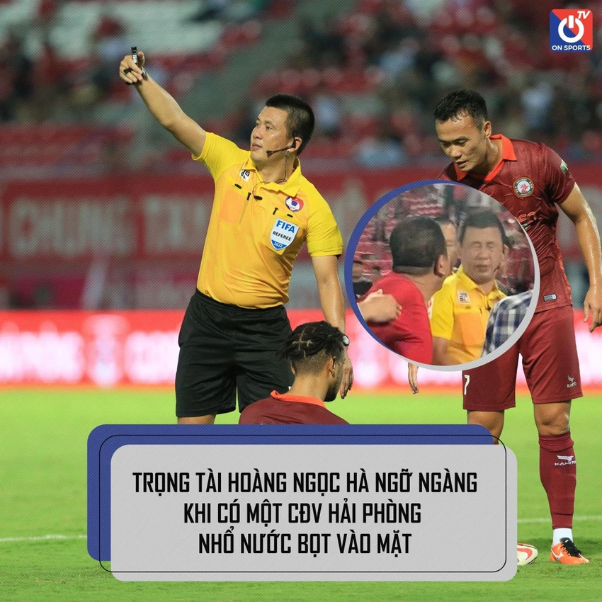 Hình ảnh fan quá khích "phun miểng" vào mặt trọng tài Hà tại khu vực mà người không có trách nhiệm không thể có mặt. ẢNH: ON SPORT