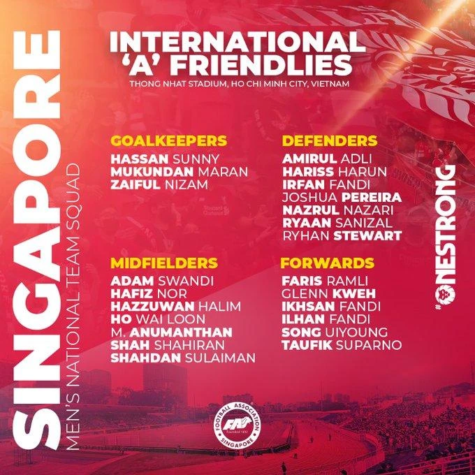 Danh sách 23 tuyển thủ Singapore sang TP.HCM đá giải giao hữu. Danh sách 23 tuyển thủ Singapore sang TP.HCM đá giải giao hữu.