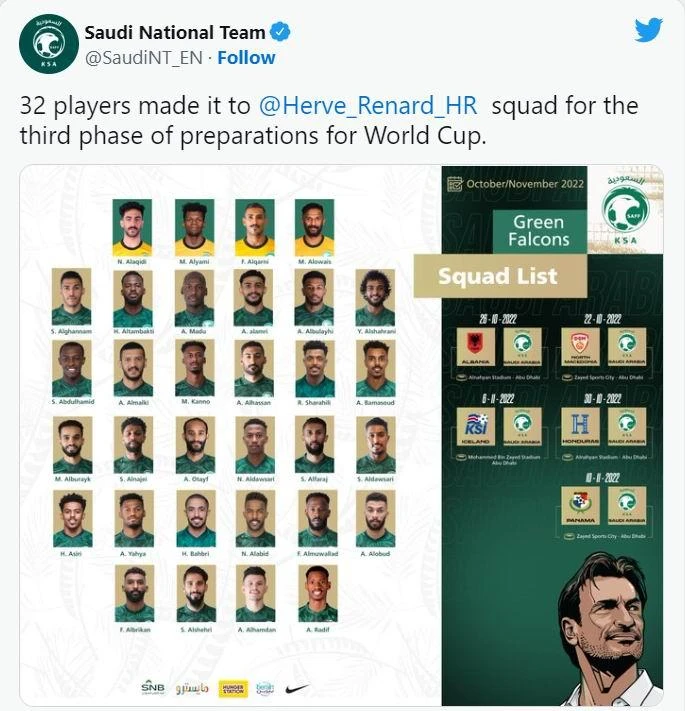 Danh sách 32 tuyển thủ Saudi Arabia mà HLV Herve Renard vừa công bố. Danh sách 32 tuyển thủ Saudi Arabia mà HLV Herve Renard vừa công bố.