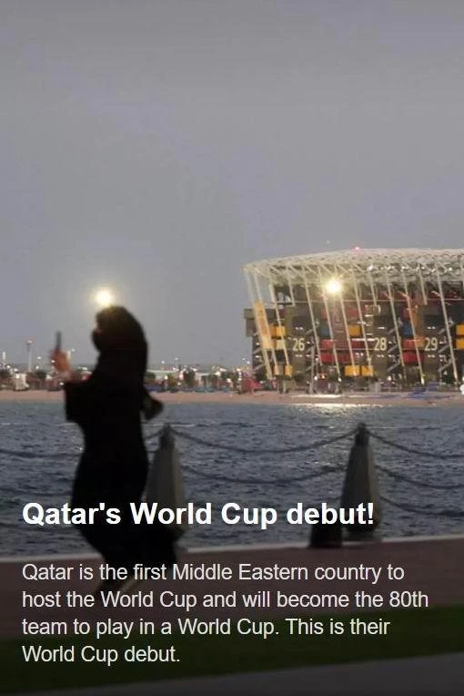 Qatar là quốc gia đầu tiên ở Trung Đông, của thế giới Ả Rập làm chủ nhà World Cup và Qatar là đội tuyển thứ 80 góp mặt trong lịch sử các VCK World Cup. Qatar là quốc gia đầu tiên ở Trung Đông, của thế giới Ả Rập làm chủ nhà World Cup và Qatar là đội tuyển thứ 80 góp mặt trong lịch sử các VCK World Cup.