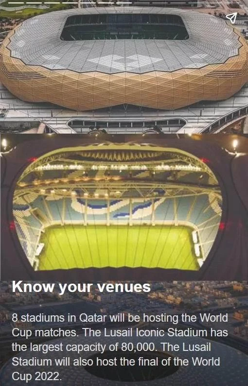 Sân Lusail, sân lớn nhất trong tám sân World Cup 2022 của Qatar, sân có sức chứa 80 ngàn người là nơi diễn ra trận chung kết World Cup 2022. Sân Temperary này của Qatar là nơi chứa các thùng container hư gần cảng Doha, nó được cải tạo lại làm sân bóng cho World Cup 2022. Sẽ có 5,5 tỉ người trên khắp hành tinh xem trực tiếp World Cup 2022 qua các phương tiện nghe nhìn và xem trực tiếp trên sân. Tuyển Mỹ dự World Cup 2022 là đội trẻ nhất trong số 32 đội, tuổi trung bình toàn đội là 24,5 tuổi. Qatar là quốc gia đầu tiên ở Trung Đông, của thế giới Ả Rập làm chủ nhà World Cup và Qatar là đội tuyển thứ 80 góp mặt trong lịch sử các VCK World Cup. Sân Lusail, sân lớn nhất trong tám sân World Cup 2022 của Qatar, sân có sức chứa 80 ngàn người là nơi diễn ra trận chung kết World Cup 2022. Sân Temperary này của Qatar là nơi chứa các thùng container hư gần cảng Doha, nó được cải tạo lại làm sân bóng cho World Cup 2022. Sẽ có 5,5 tỉ người trên khắp hành tinh xem trực tiếp World Cup 2022 qua các phương tiện nghe nhìn và xem trực tiếp trên sân. Tuyển Mỹ dự World Cup 2022 là đội trẻ nhất trong số 32 đội, tuổi trung bình toàn đội là 24,5 tuổi. Qatar là quốc gia đầu tiên ở Trung Đông, của thế giới Ả Rập làm chủ nhà World Cup và Qatar là đội tuyển thứ 80 góp mặt trong lịch sử các VCK World Cup.