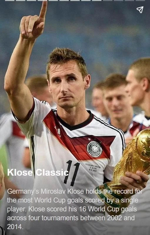 Tuyển thủ Đức gốc Ba Lan Miroslav Klose nắm kỷ lục ghi nhiều bàn thắng nhất lịch sử World Cup (từ 2002 đến 2014) với 16 bàn thắng. Tuyển thủ Đức gốc Ba Lan Miroslav Klose nắm kỷ lục ghi nhiều bàn thắng nhất lịch sử World Cup (từ 2002 đến 2014) với 16 bàn thắng.