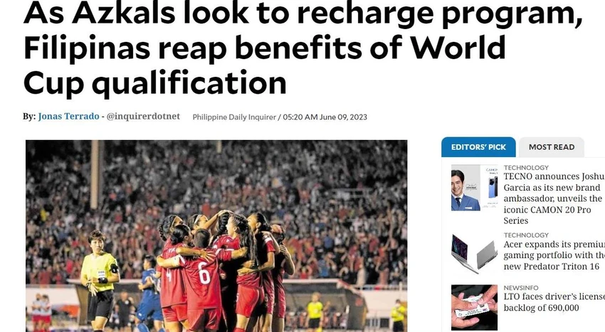 Các tờ báo Philippines sáng 9-6 đều đưa thông tin rầm rộ về FIFA thưởng cho các đội dự World Cup 2023.