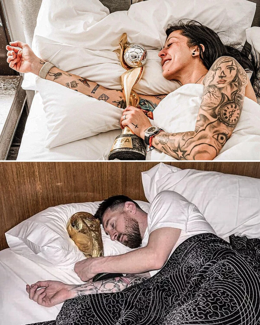Tuy nhiên Jenni Hermoso không quá bận tâm, sau khi vô địch, Hermoso "diễn" phiên bản ăn mừng cúp vô địch của Messi. Ảnh: K.T Tuy nhiên Jenni Hermoso không quá bận tâm, sau khi vô địch, Hermoso "diễn" phiên bản ăn mừng cúp vô địch của Messi. Ảnh: K.T