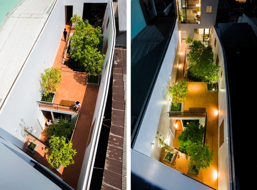 Một khoảng sân mở lớn được đặt ở giữa tòa nhà và một khối rắn hình chữ U kết nối ở tầng trệt. Một khoảng sân mở lớn được đặt ở giữa tòa nhà và một khối rắn hình chữ U kết nối ở tầng trệt.