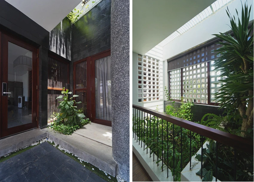 Vật liệu đá Slate màu đen và gạch thô màu đỏ tạo nên sự sáng tác và cân bằng về màu sắc. Vật liệu đá Slate màu đen và gạch thô màu đỏ tạo nên sự sáng tác và cân bằng về màu sắc.