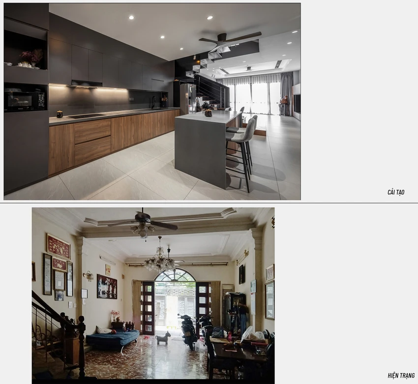 Tại tầng 1, thay vì giữ lại cấu trúc cũ kỹ, đội ngũ thiết kế Ashera Architects đã tạo ra một không gian chung thông suốt trong ngôi nhà phố, kết nối giữa các khu vực, không gian tiếp khách, phòng ăn và bếp.