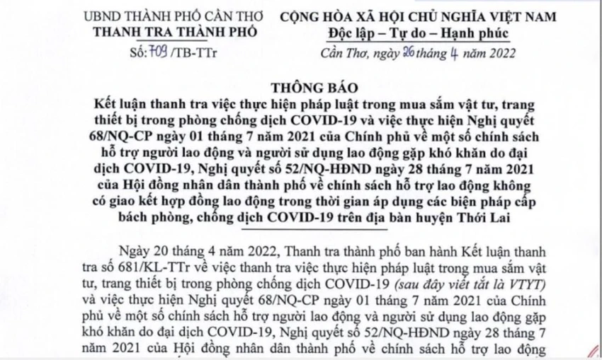 Thông báo Kết luận thanh tra của Thanh tra TP Cần Thơ. Ảnh: NN Thông báo Kết luận thanh tra của Thanh tra TP Cần Thơ. Ảnh: NN