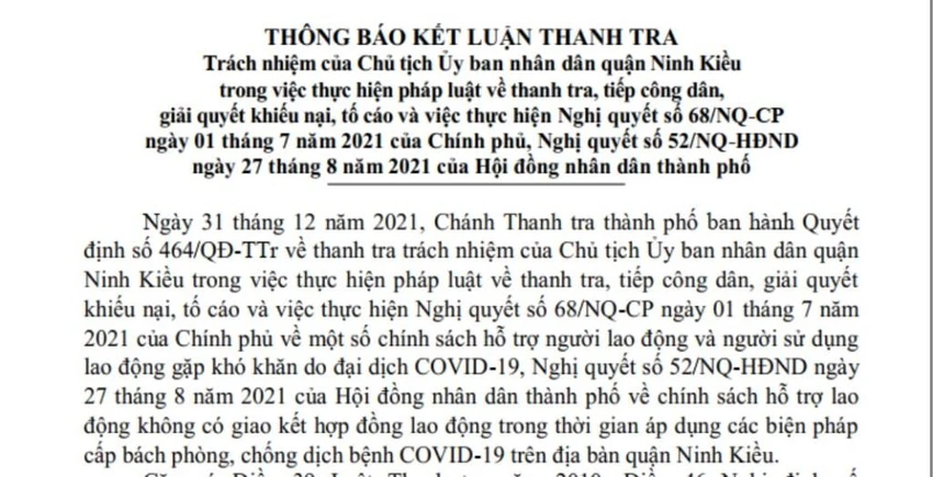 Thông báo kết luận thanh tra cho biết, quận Ninh Kiều phải thu hồi 1,51 tỉ đã chi hỗ trợ lao động tự do. Ảnh: NN Thông báo kết luận thanh tra cho biết, quận Ninh Kiều phải thu hồi 1,51 tỉ đã chi hỗ trợ lao động tự do. Ảnh: NN