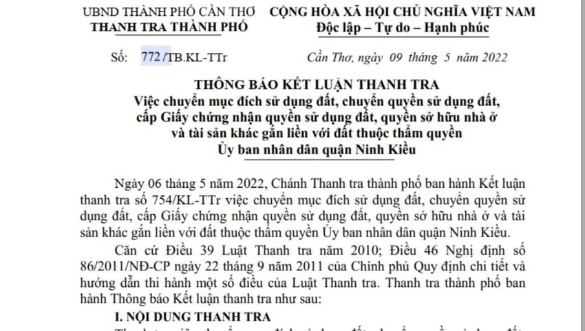 Thông báo kết luận thanh tra về đất đai ở Ninh Kiều. Ảnh: NN Thông báo kết luận thanh tra về đất đai ở Ninh Kiều. Ảnh: NN