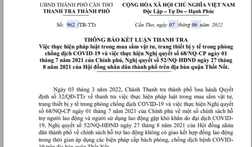 Thông báo kết luận thanh tra có nội dung đề nghị quận Thốt Nốt phải thu hồi 206 triệu chi hỗ trợ lao động tự do chưa đúng. Ảnh: NN Thông báo kết luận thanh tra có nội dung đề nghị quận Thốt Nốt phải thu hồi 206 triệu chi hỗ trợ lao động tự do chưa đúng. Ảnh: NN